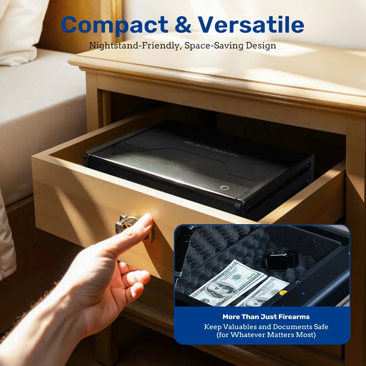Blacksmith Biometric Gun Safe for Pistols with Fingerprint Hidden Digital Keypad Key Unlock Quick Access Pistol Handgun Safes Alloy Steel Construction Security Gun Lock Box for Home Car Nightstand