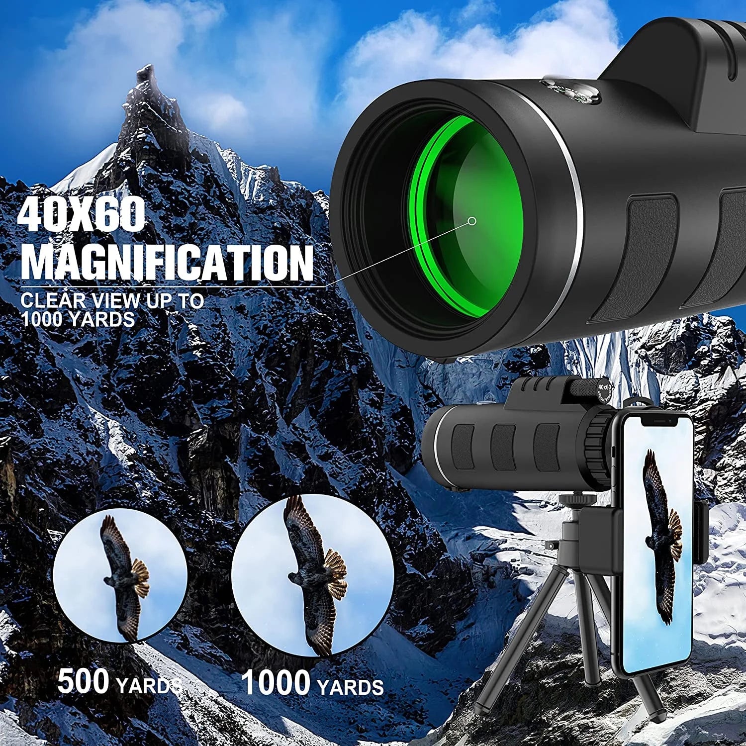 Bchangss 40x60 Monocular Binoculars for Adults, HD Binoculars with Low Light Night Vision, Clear FMC BAK4 Prism Lens, Binoculars for Hunting Birds Watching Traveling Stargazing Outdoor Sport